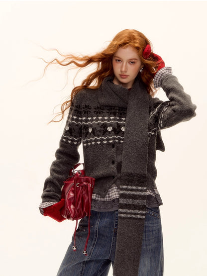 Fair Isle Wool-Blend Knit Cardigan &amp; Scarf Set