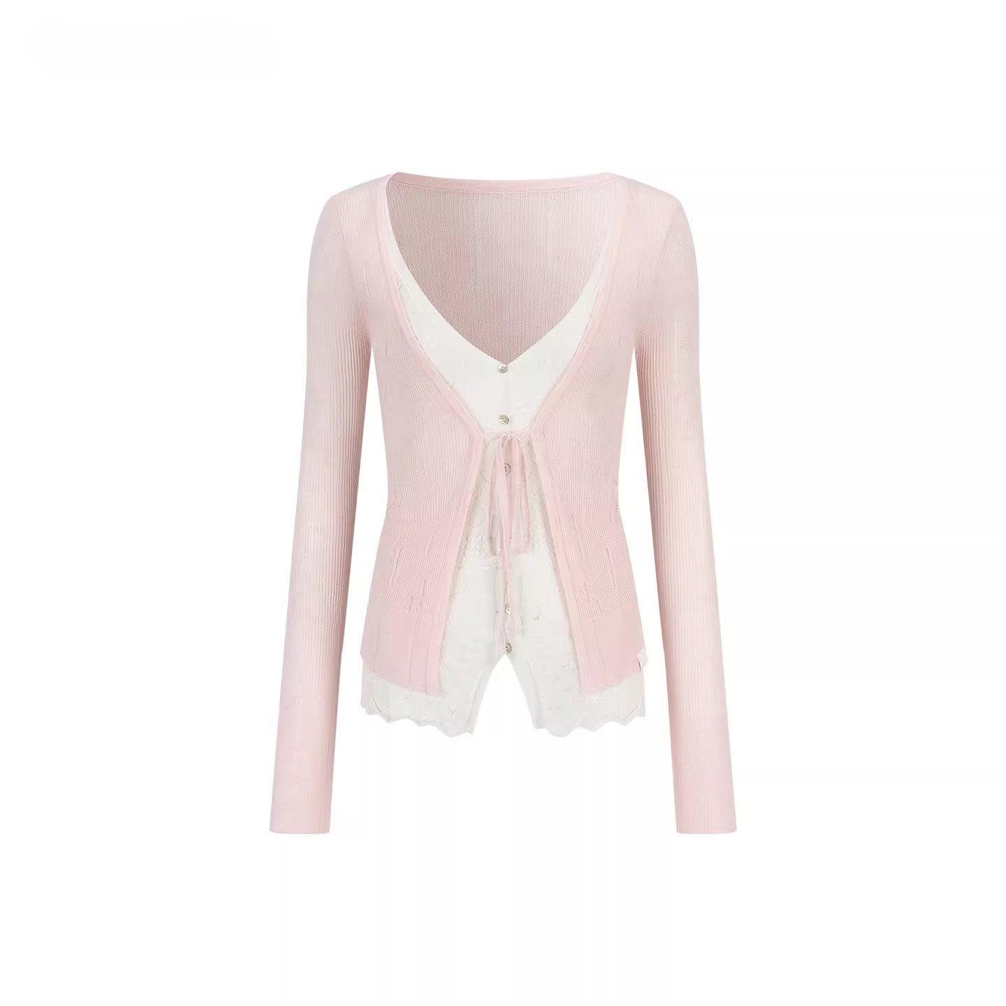 Sheer Layered Lace-Trim Knit Cardigan