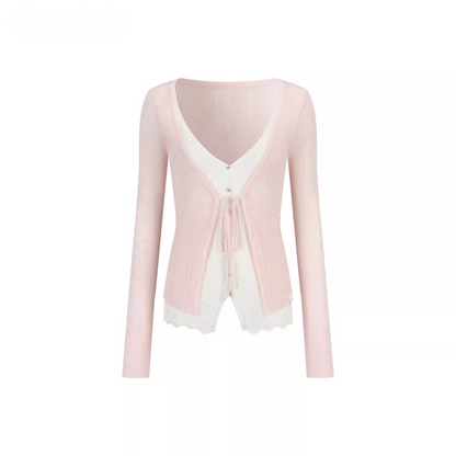 Sheer Layered Lace-Trim Knit Cardigan