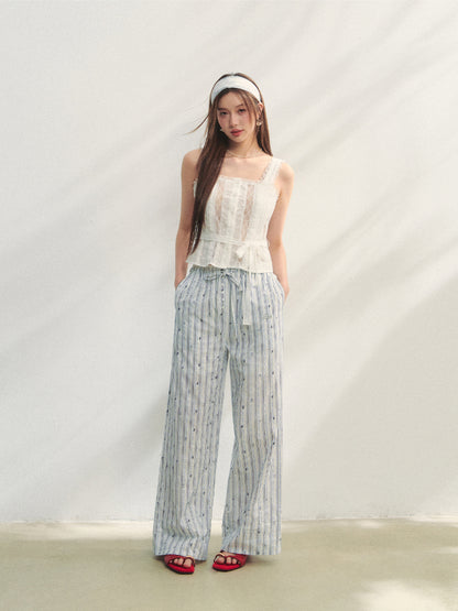 Striped Print Patchwork Embroidery Lace Straight Pants - CHINASQUAD