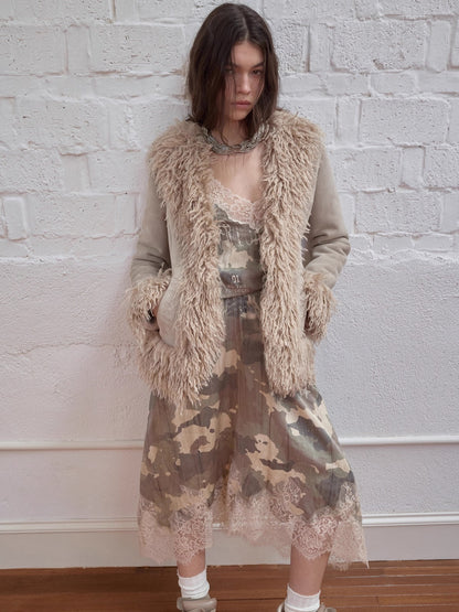 Suede Shearling Embroidered Panel Jacket