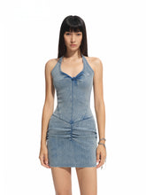 Vintage U-Neck Slim Halter Denim Dress - CHINASQUAD