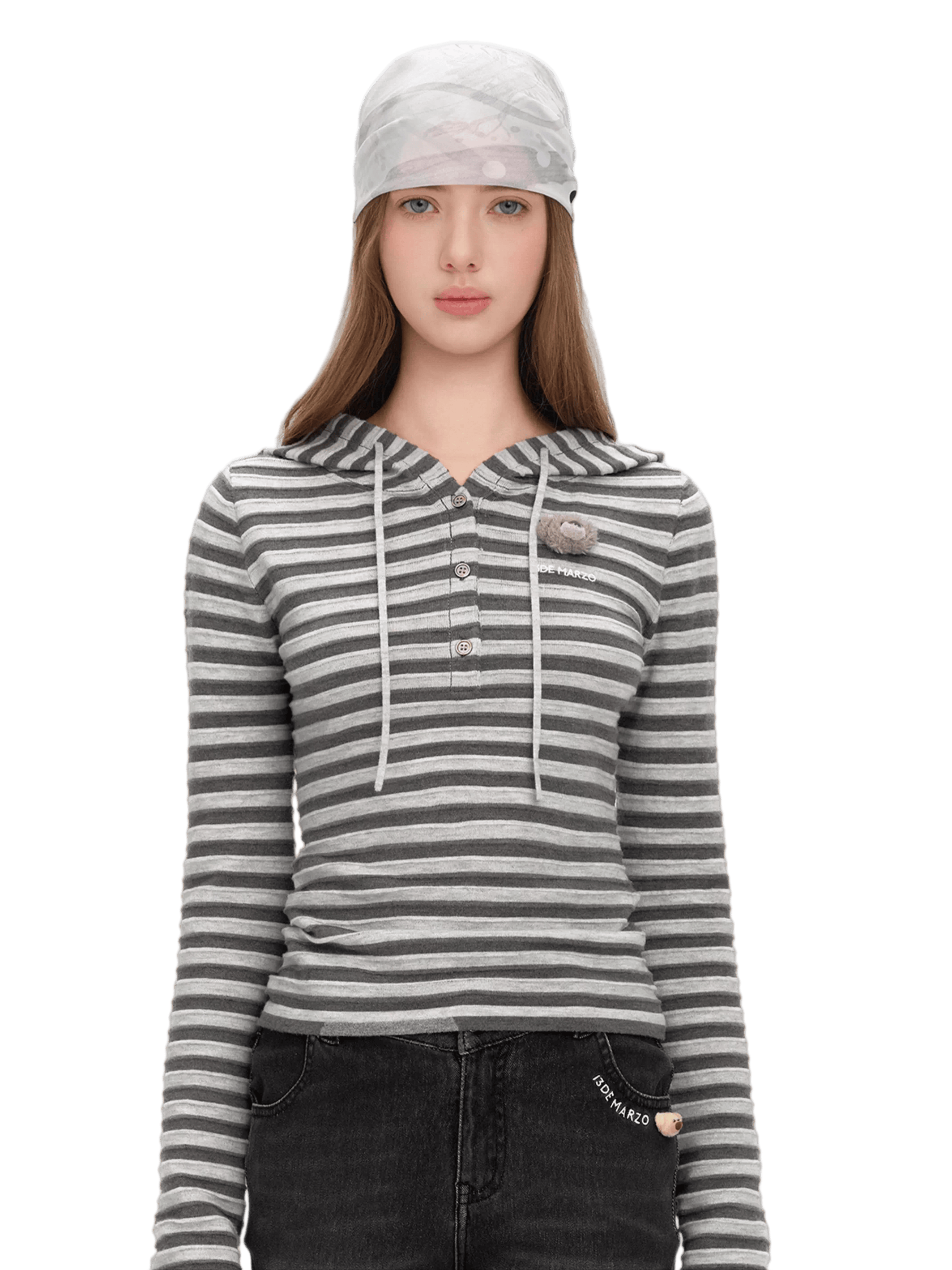 Striped Bear Button Hoodie Tee