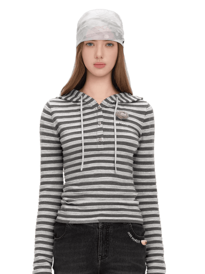 Striped Bear Button Hoodie Tee