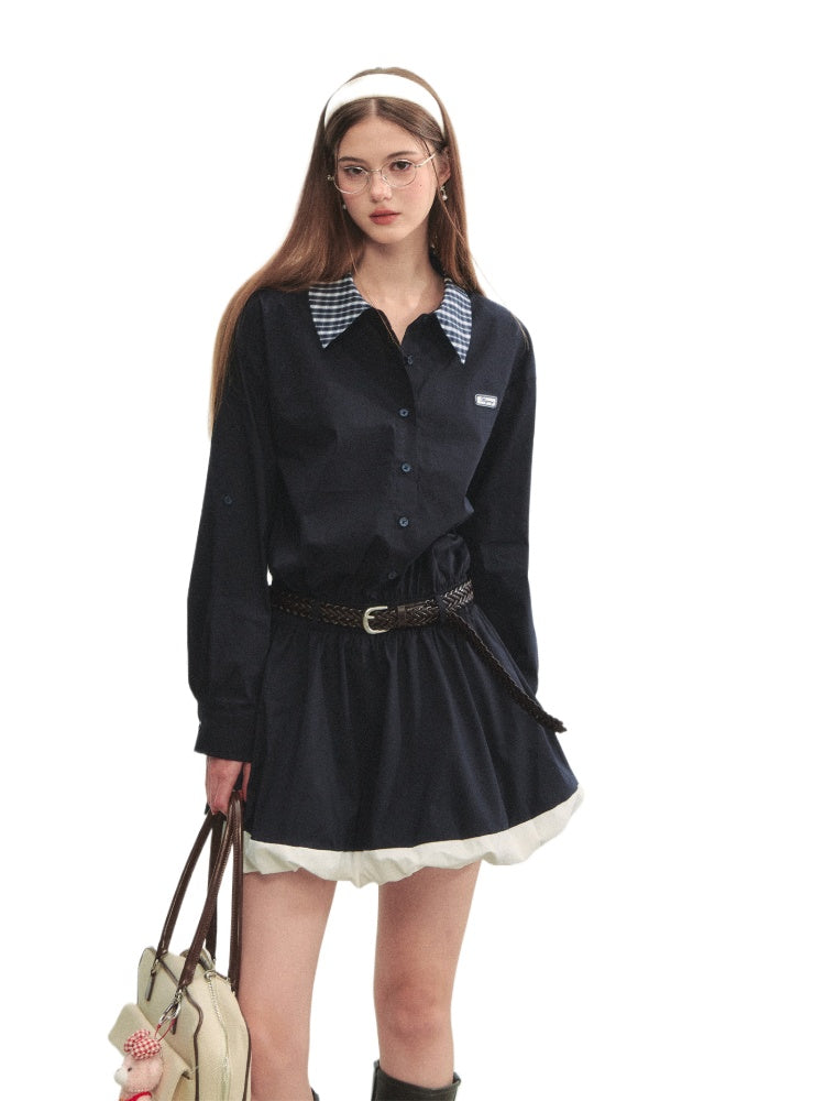 Black Lapel Checkered Panel Tulip Dress