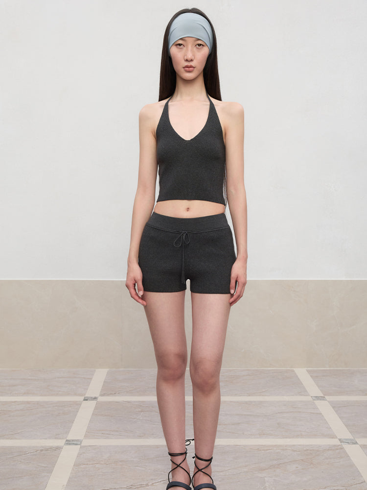 Spun Drawstring Mid-Rise Knit Shorts