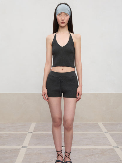 Spun Drawstring Mid-Rise Knit Shorts