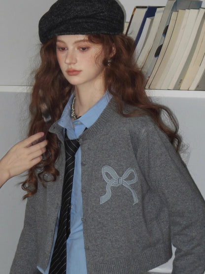 Bow Appliqué Short Knit Cardigan