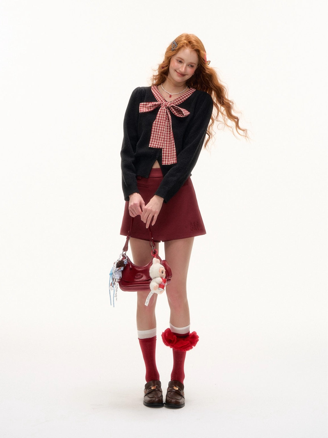 Plaid Bow-Knot Round Neck Knitted Cardigan - CHINASQUAD