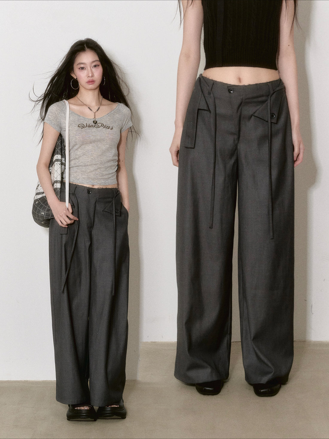 Gray Tie Wide-leg Trousers