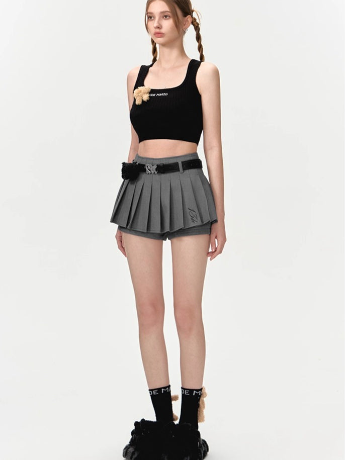 High-Waist Pleated Belted Skirt