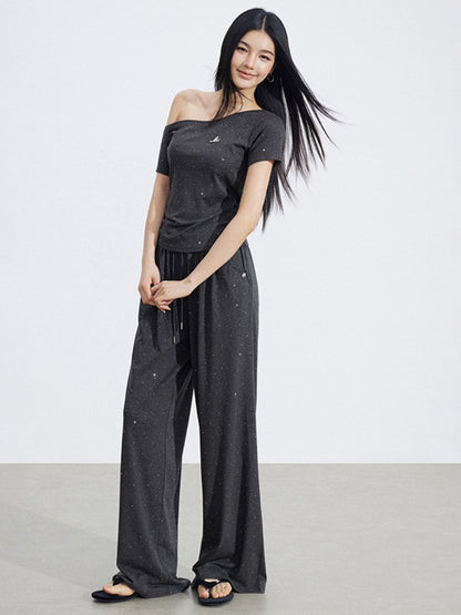 Off-Shoulder Draped Top Wide-Leg Pants Two-Piece Set