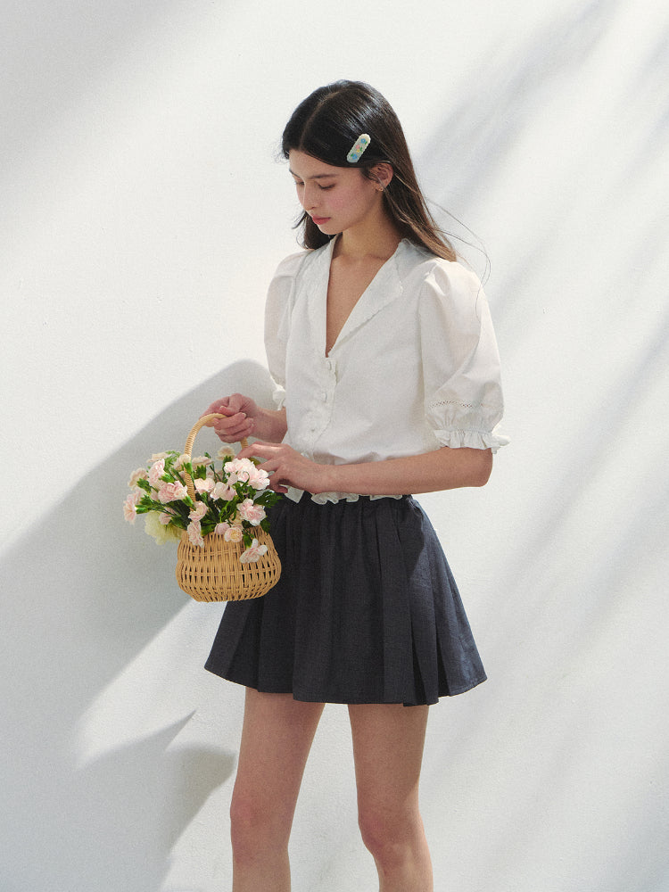 French-style V-neck Embroidered Shirt