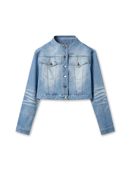 Twill Denim Cat-Whisker Stand-Collar Cropped Jacket - CHINASQUAD