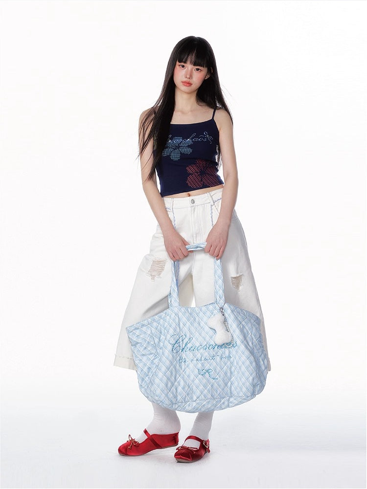 Crystal-Embellished Plaid Large Tote Bag