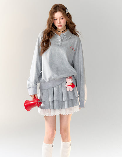 American College Style Polo Collar Sweatshirt &amp; Skirt Set