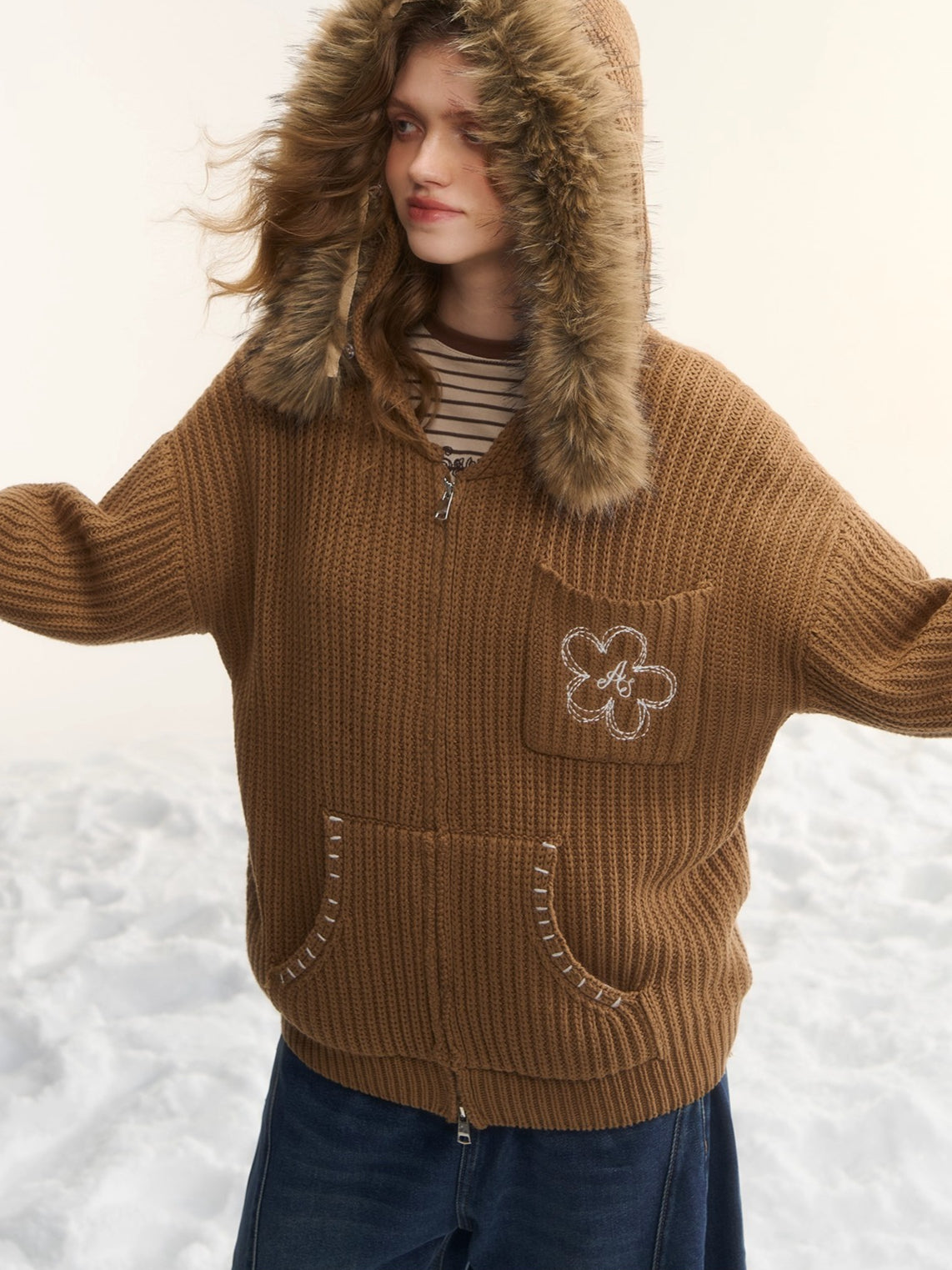 Embroidered Knit Zip-Up Hoodie Cardigan