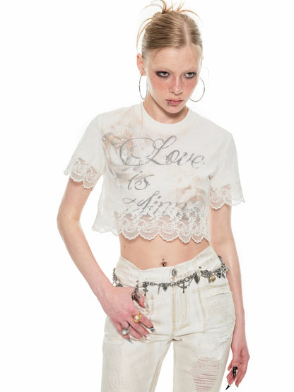 White Lace Faux Two-piece Layered T-shirt