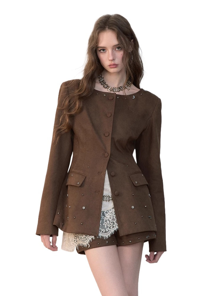 Rivet Suede-Like Waist-Defined Jacket