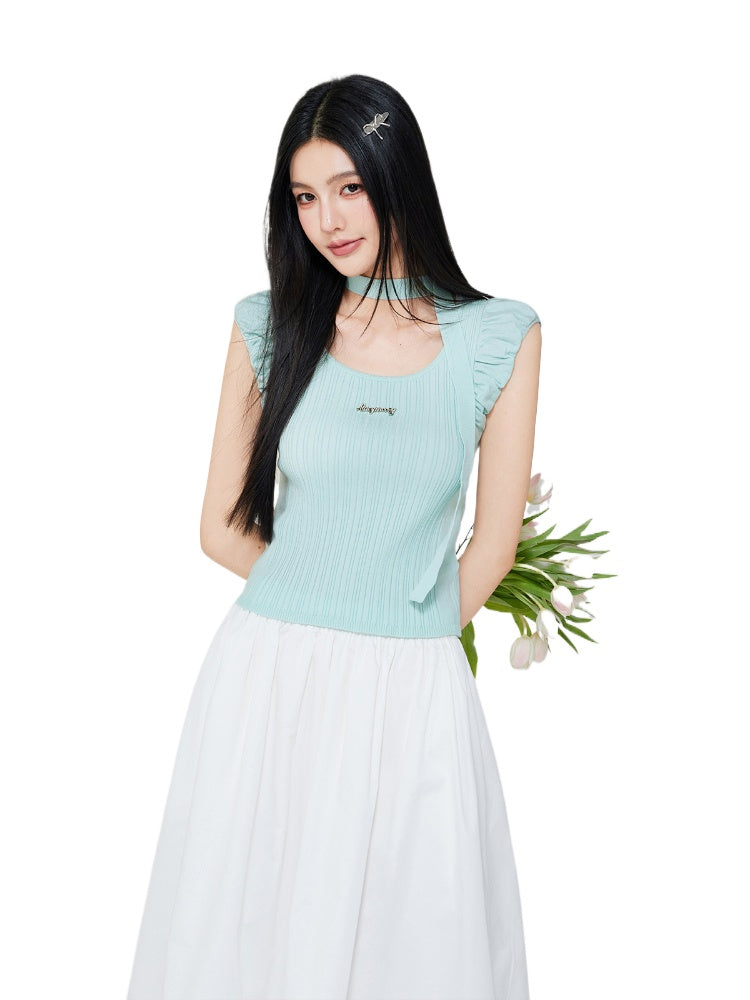Bubble Sleeve Small Square Neck Knitted Top