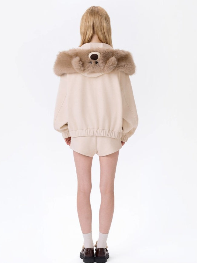 Detachable Plush Collar Hooded Jacket