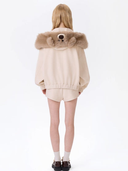 Detachable Plush Collar Hooded Jacket