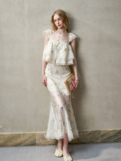 Lace Embroidery Flower French - Style Shirt &amp; Skirt Set