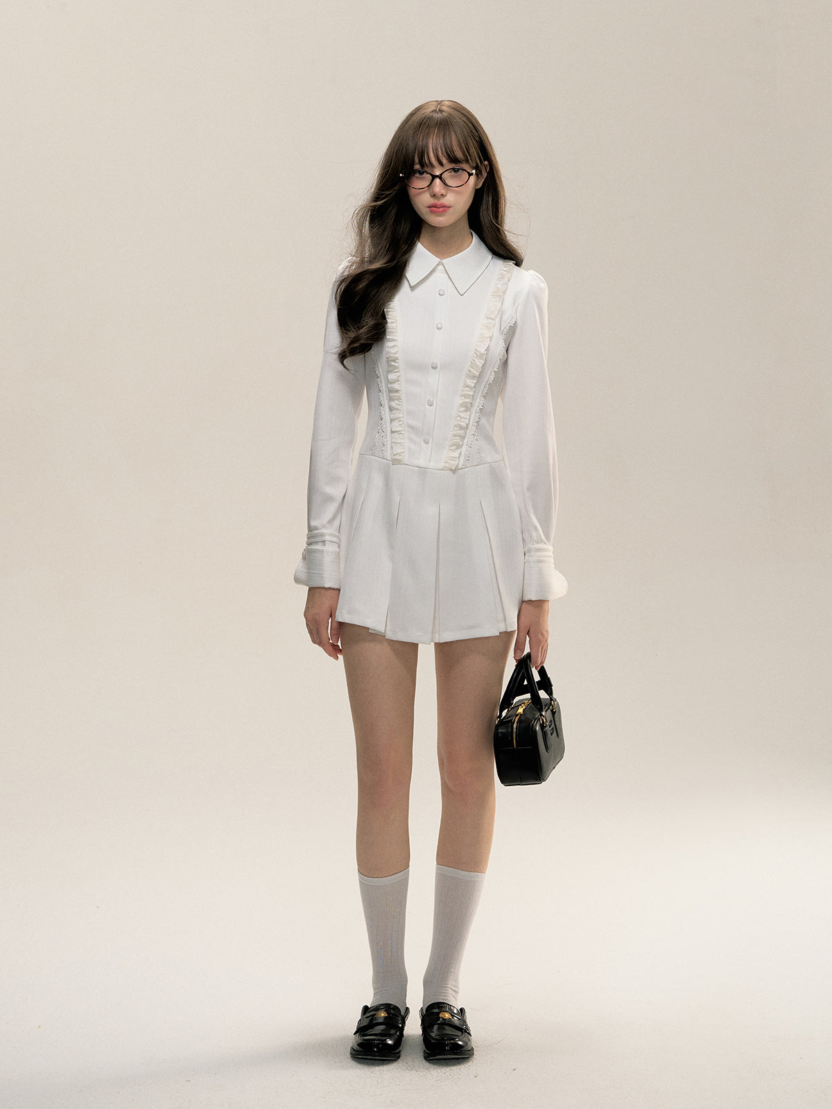 Off-white Pleated Shirt Collar Dress