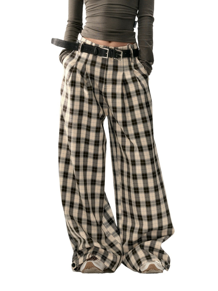 Wrinkle Straight-Leg Plaid Casual Pants