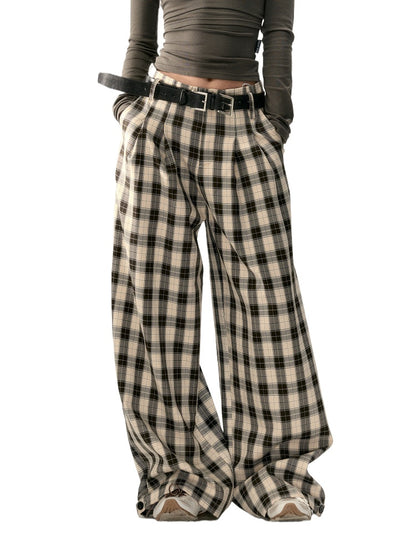 Wrinkle Straight-Leg Plaid Casual Pants