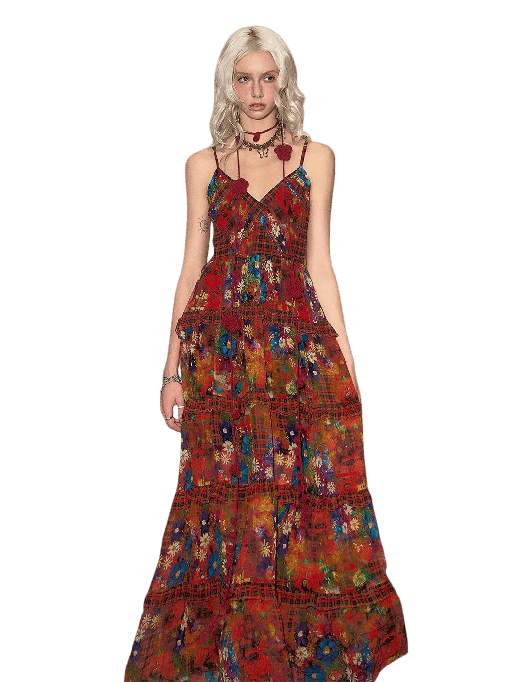 Firework Bloom Vintage Floral Halter Maxi Dress