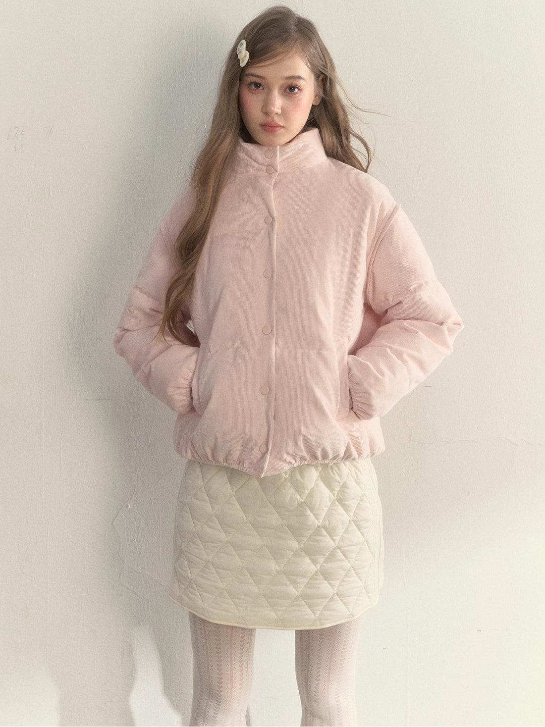 Pink Detachable-Sleeve Corduroy Floral Reversible Jacket