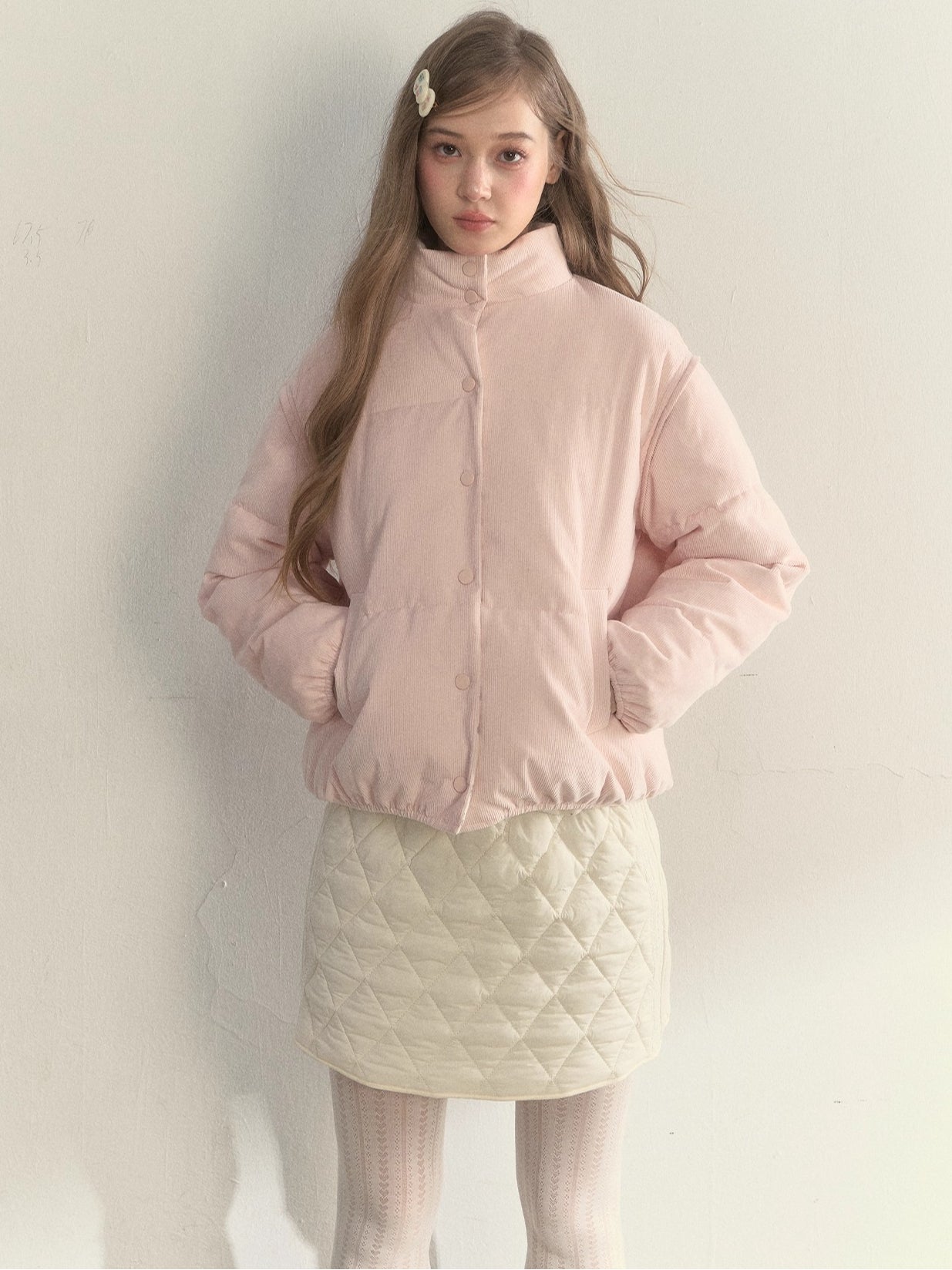 Pink Detachable-Sleeve Corduroy Floral Reversible Jacket