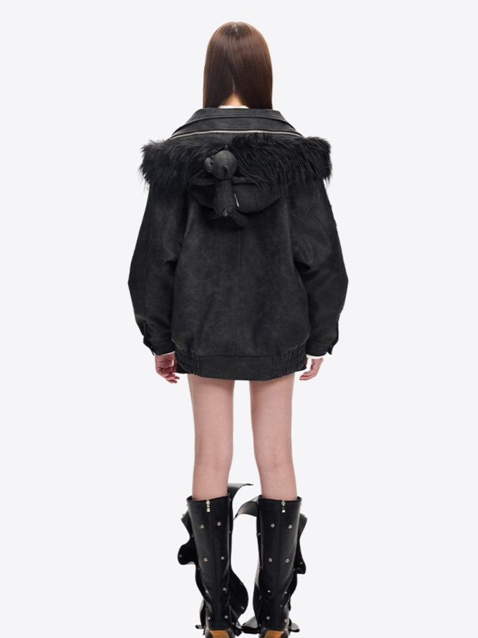 Detachable Fur Collar PU Padded Jacket