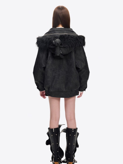 Detachable Fur Collar PU Padded Jacket