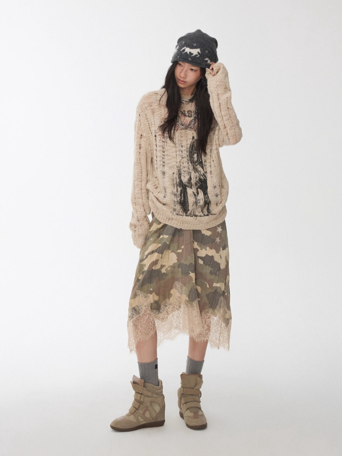 Camouflage Lace-Trim Printed Slip Dress