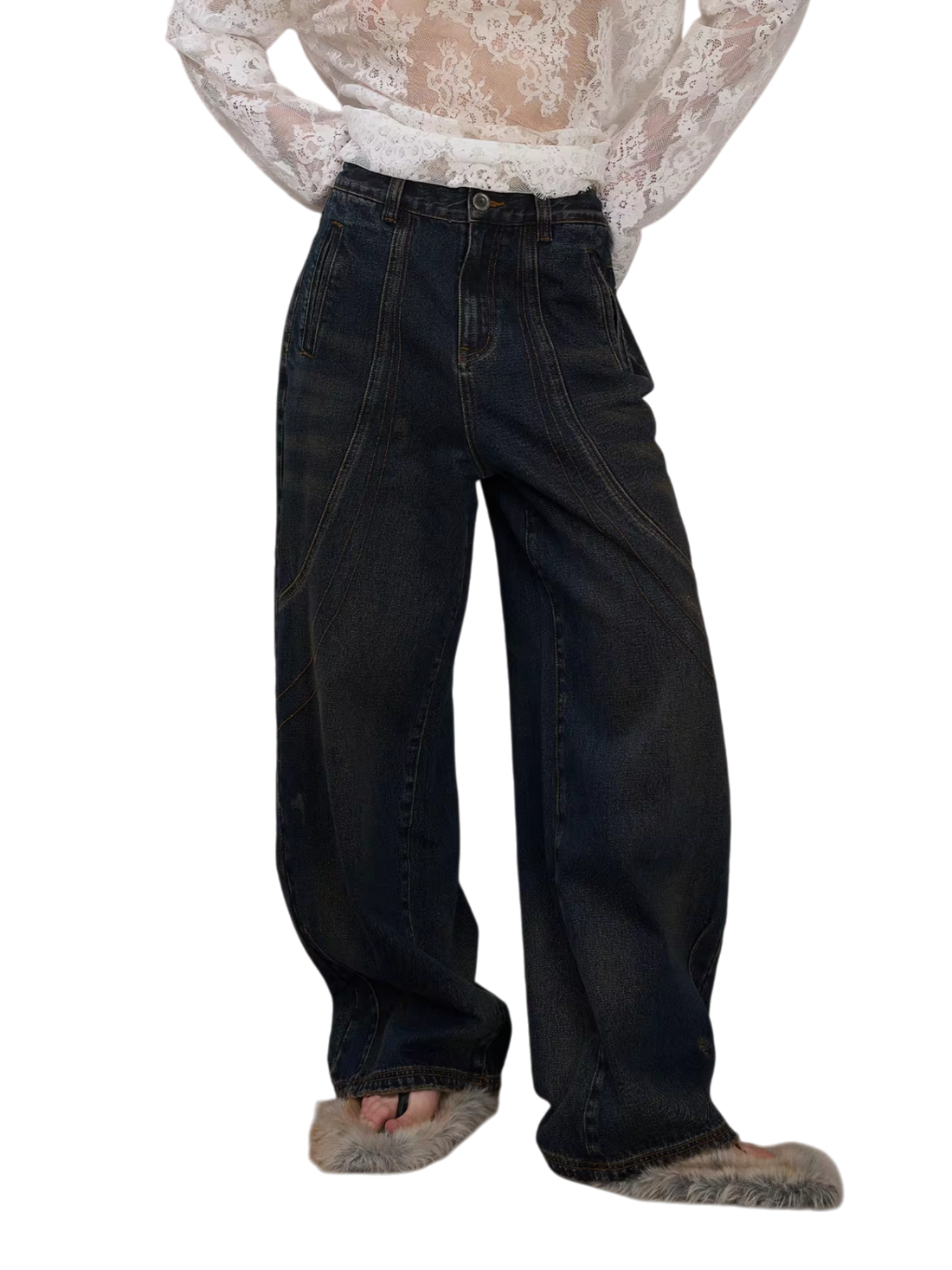 Vintage Washed Panelled Fleece-Lined Denim Pants