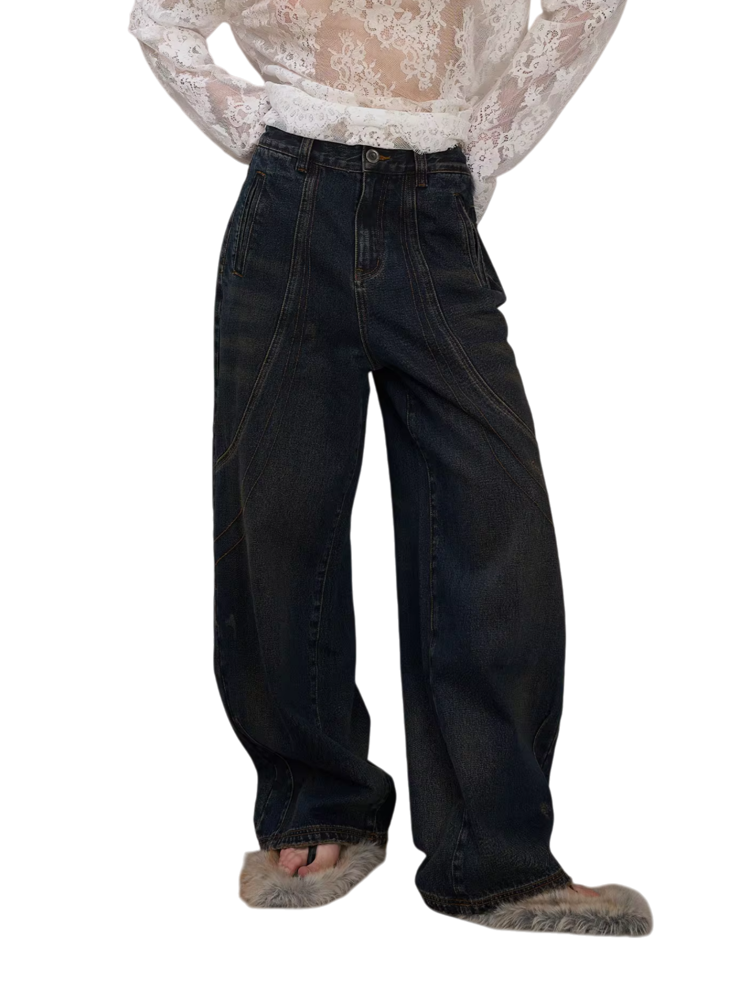 Vintage Washed Panelled Fleece-Lined Denim Pants