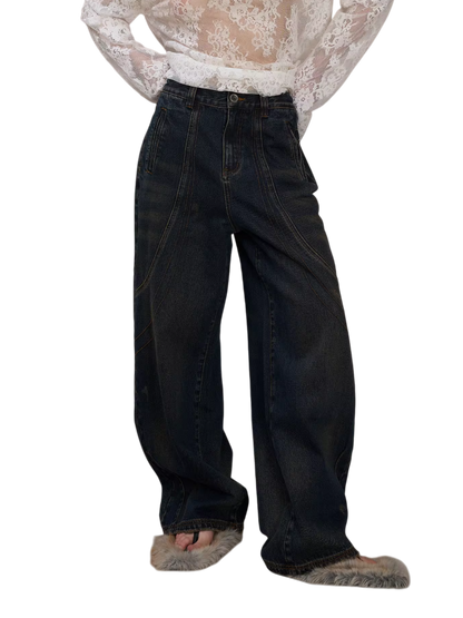 Vintage Washed Panelled Fleece-Lined Denim Pants