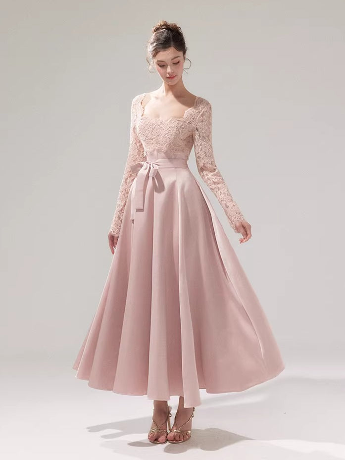 Lace Cinched-Waist Full-Skirt Evening Dress