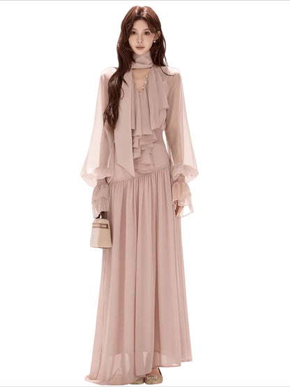 V-Neck Lantern Sleeve Maxi Dress