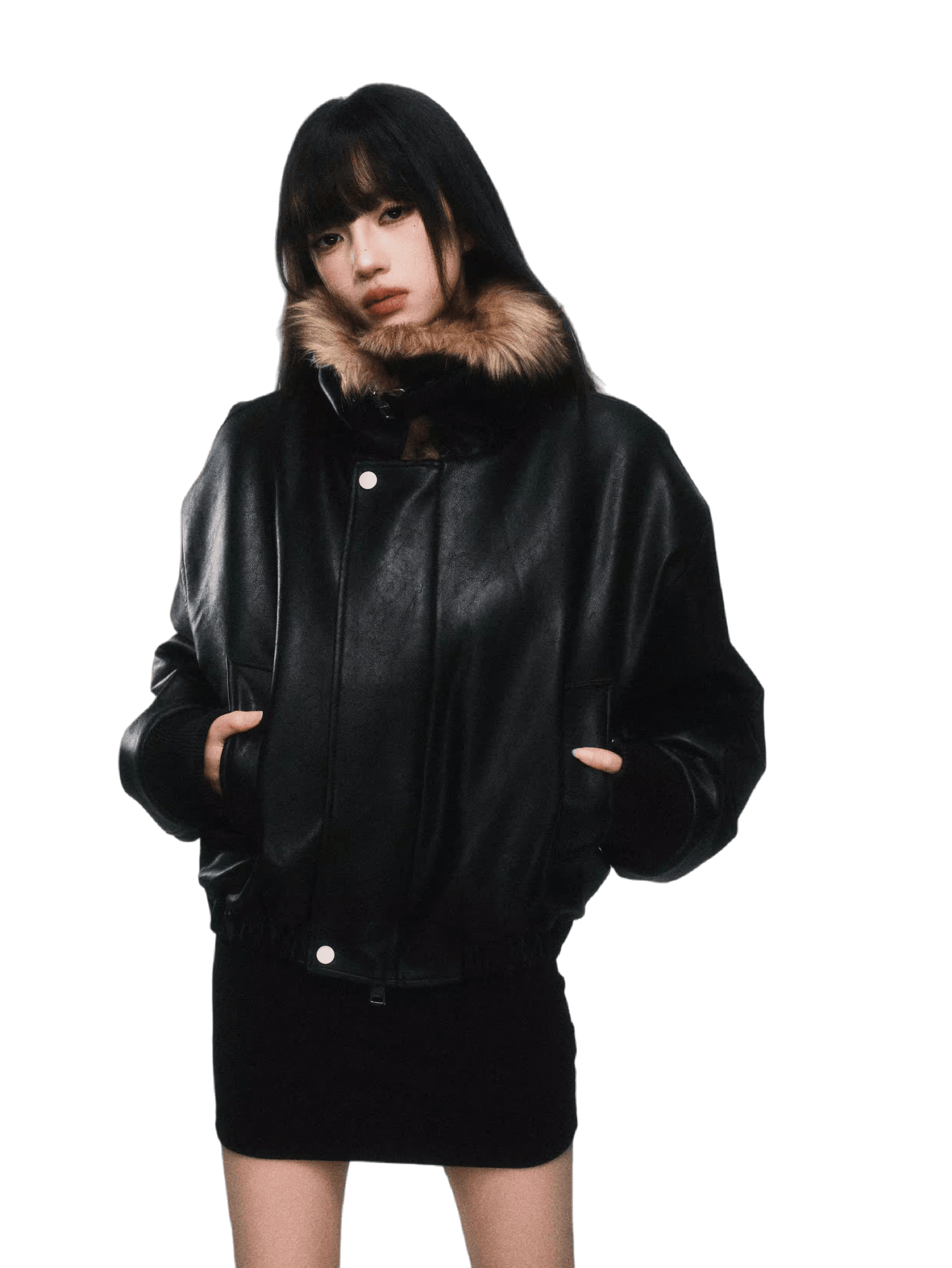 Faux Fur Collar Padded PU Biker Jacket