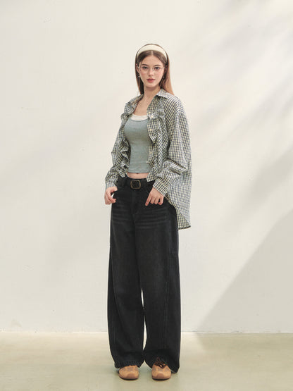 Checkered Contrast Hem Drawstring Pleated Shirt - CHINASQUAD