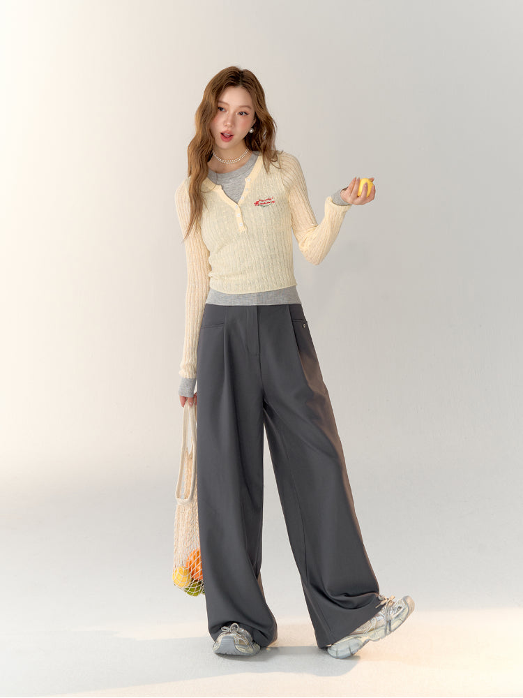 Lace Spliced High-Waisted Straight-Leg Wide Pants