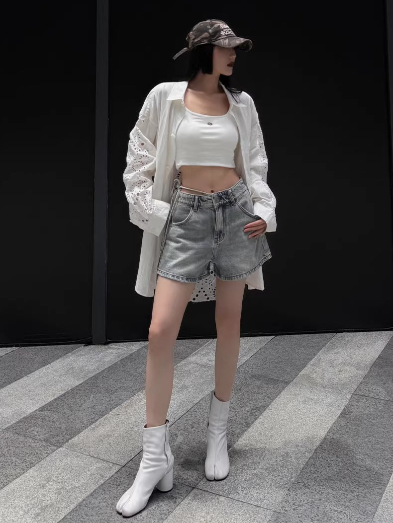 Tie-Waist Raw-Edge Vintage Denim Shorts