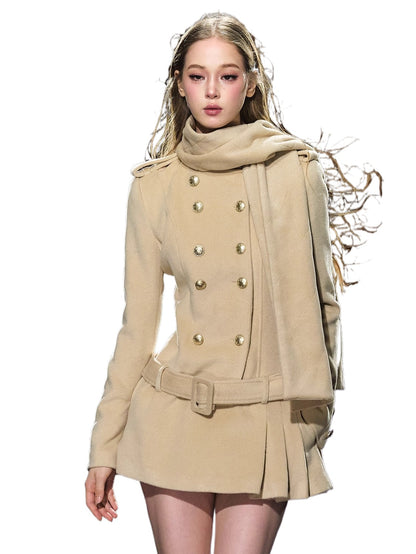 Wool-Blend Scarf Collar Double-Breasted Dress