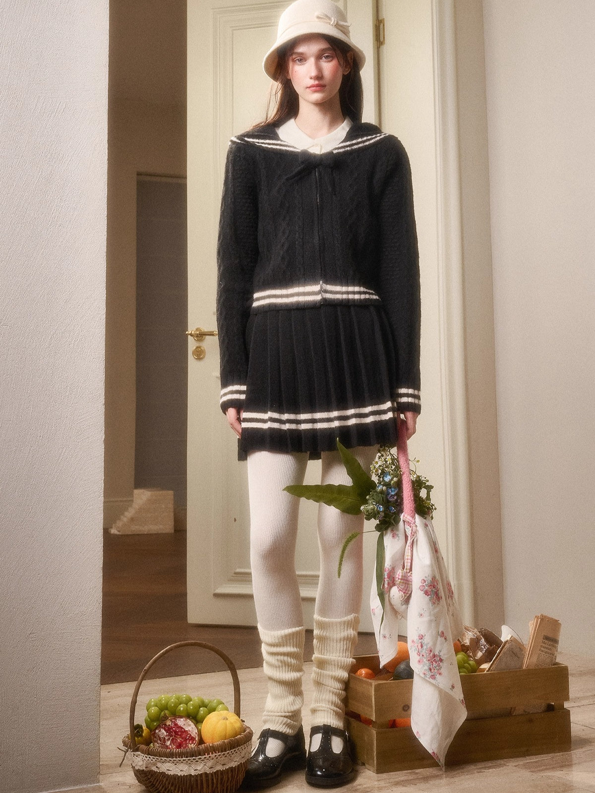 Memo Wool Cloud Knit Cardigan &amp; Pleated Skirt Set