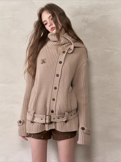 Oversized Turtleneck Cardigan with Attached Scarf