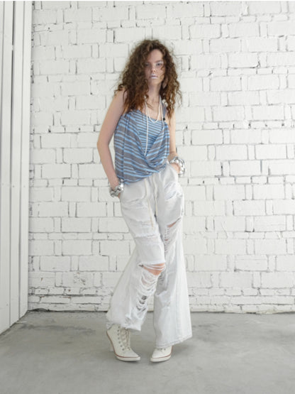 Blue-Gray Striped Two-Way Beaded Swing Collar Tank Top - CHINASQUAD
