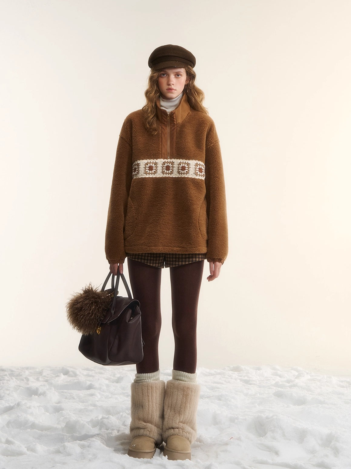 Patchwork Teddy Fleece Zip-Up Sweater